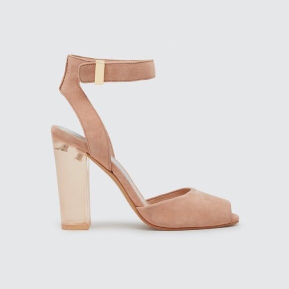 Dolce Vita Peach Nude Genuine Suede Leather Acrylic Clear Lucite Heel Sandals - Picture 2 of 12